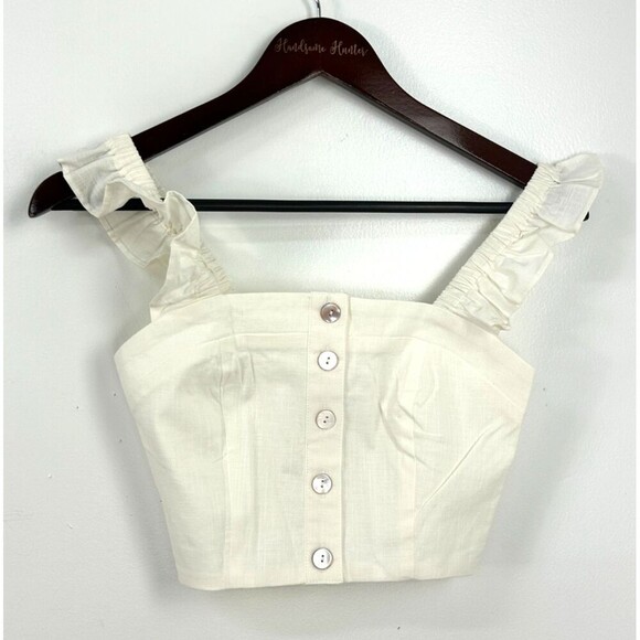 Choosy Amanda XS White Cream Cropped Top Center Buttons Ruffle Lined Smocked U4 - Picture 2 of 13